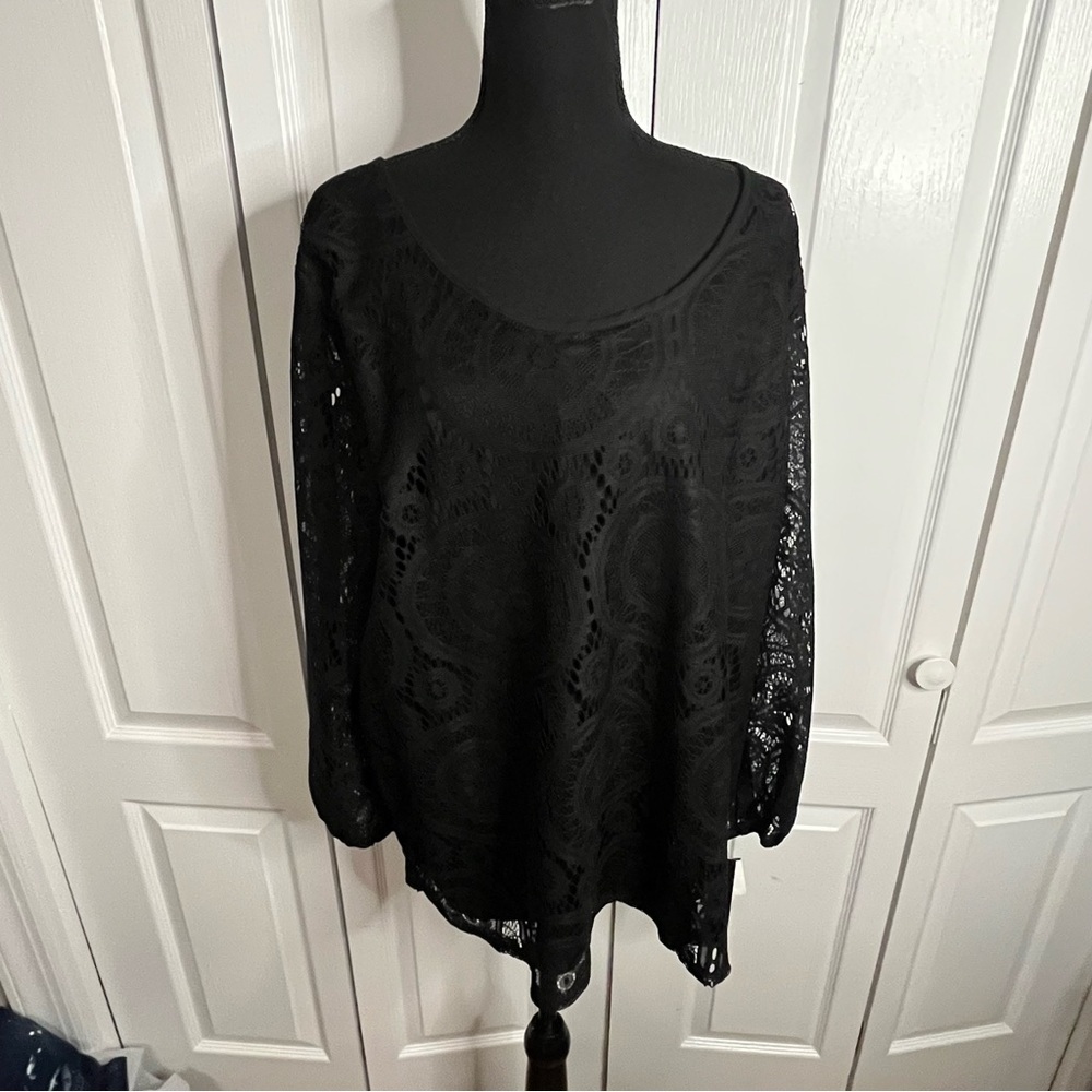 NWT ING+ Tunic Top 1X Crochet Lace Overlay Blouse Long Sleeve USA Black Plus